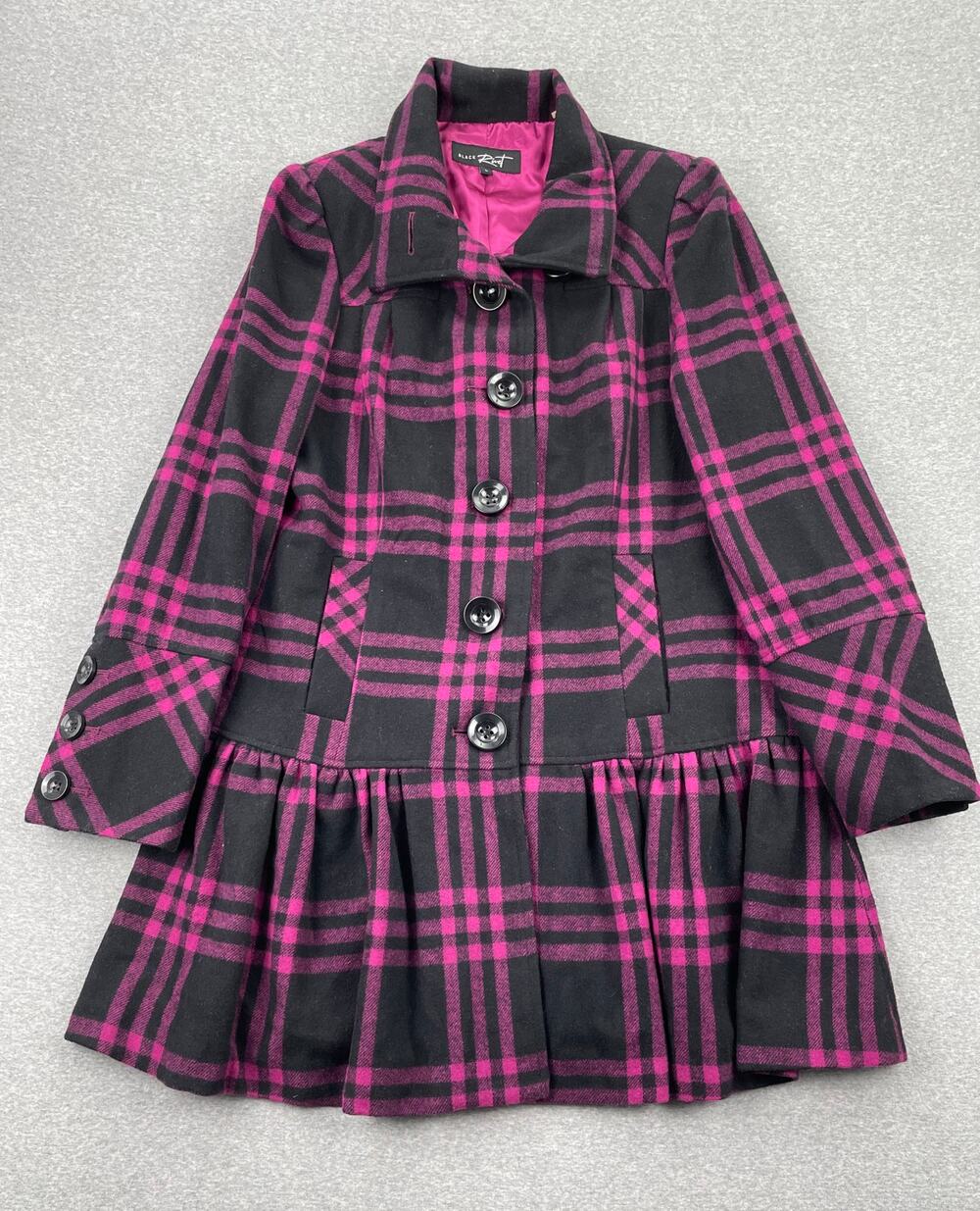 Black Rivet Plaid Pleated Peacoat Womens L Pink Black Wool Blend Flare Hem Lined